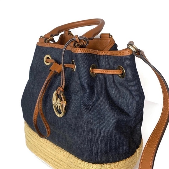 Michael Kors MK Denim Jean Straw Drawstring Bag - Picture 3 of 8